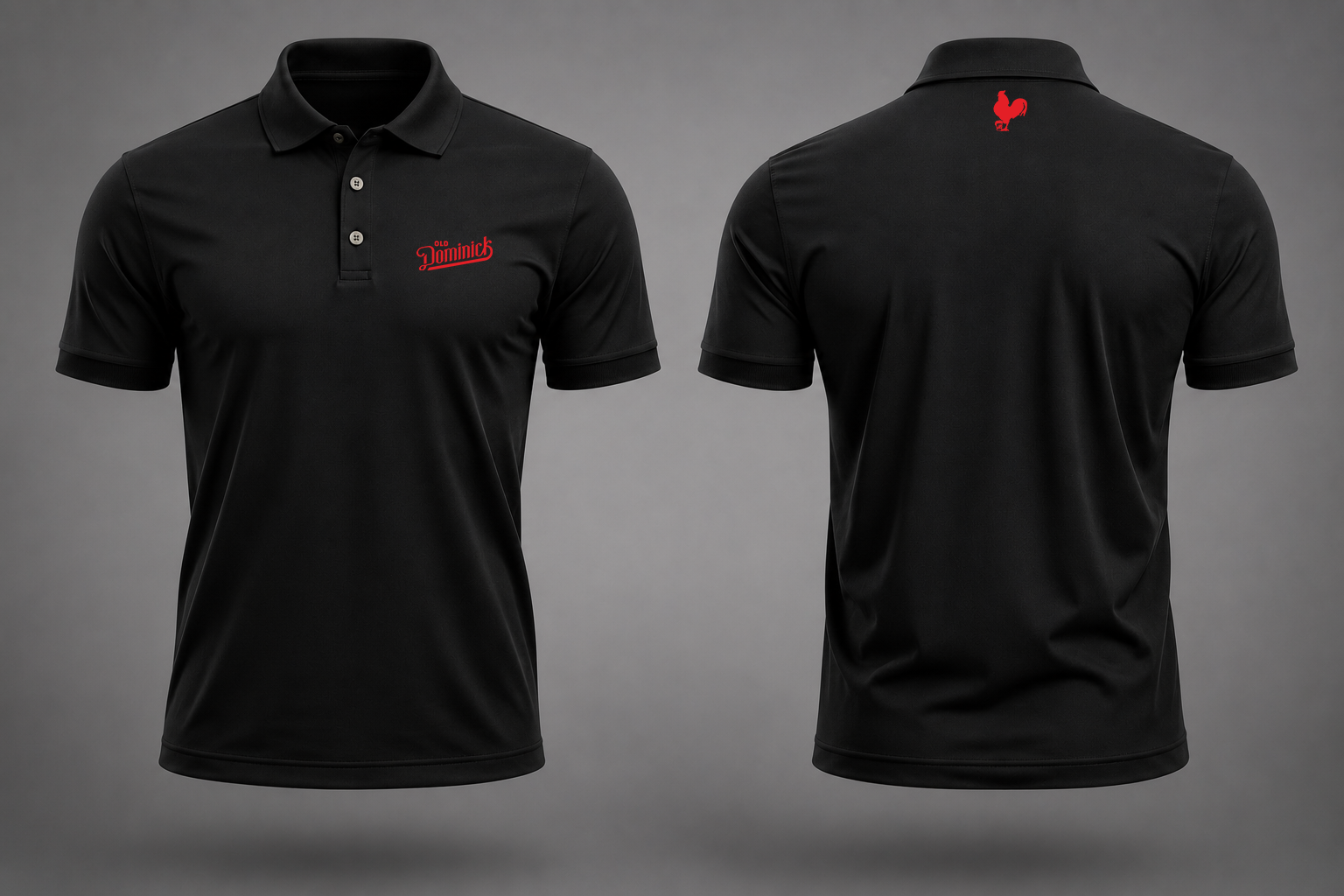 Old Dominick Black Polo — front and back mockup